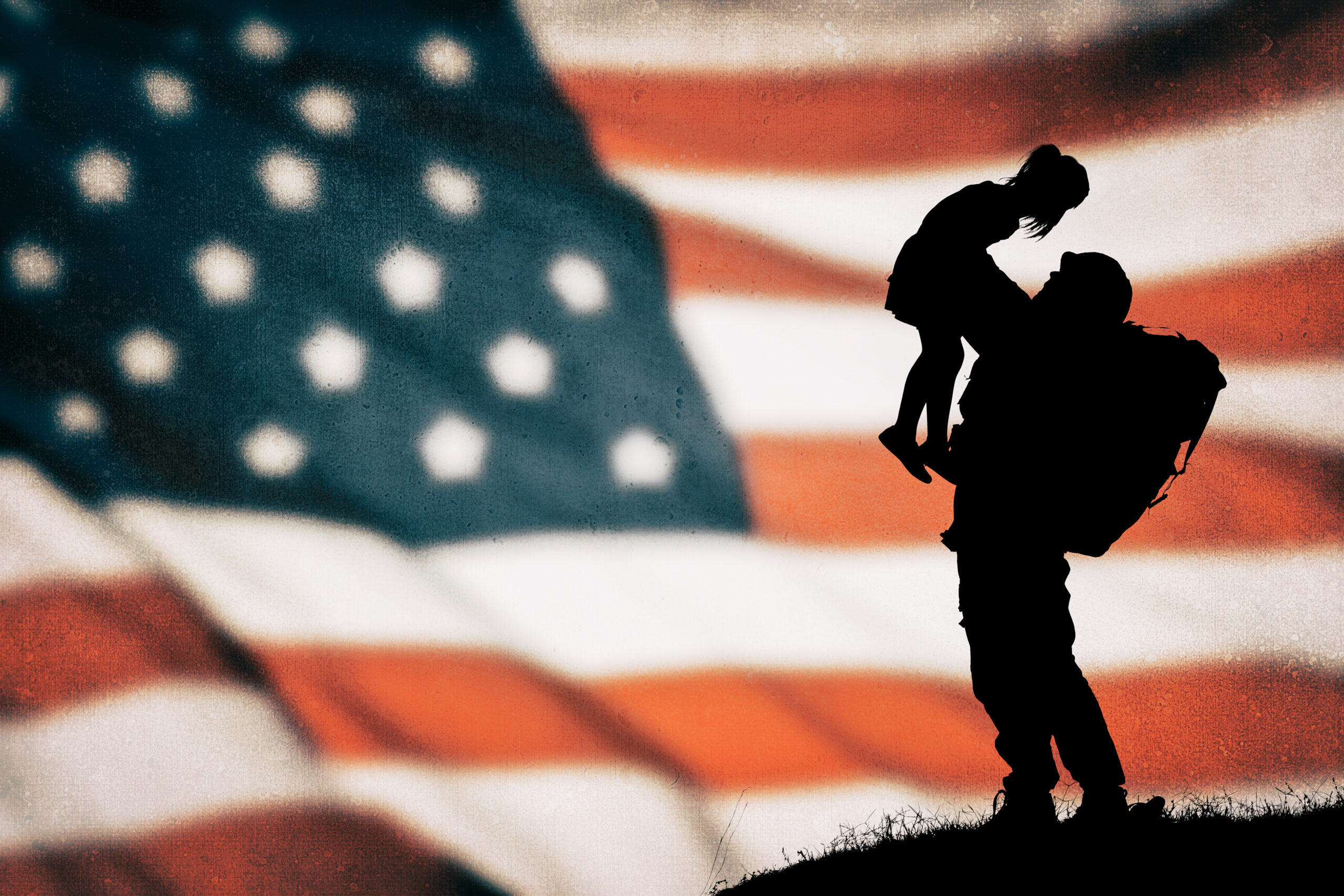 American soldier silhouette on the american flag