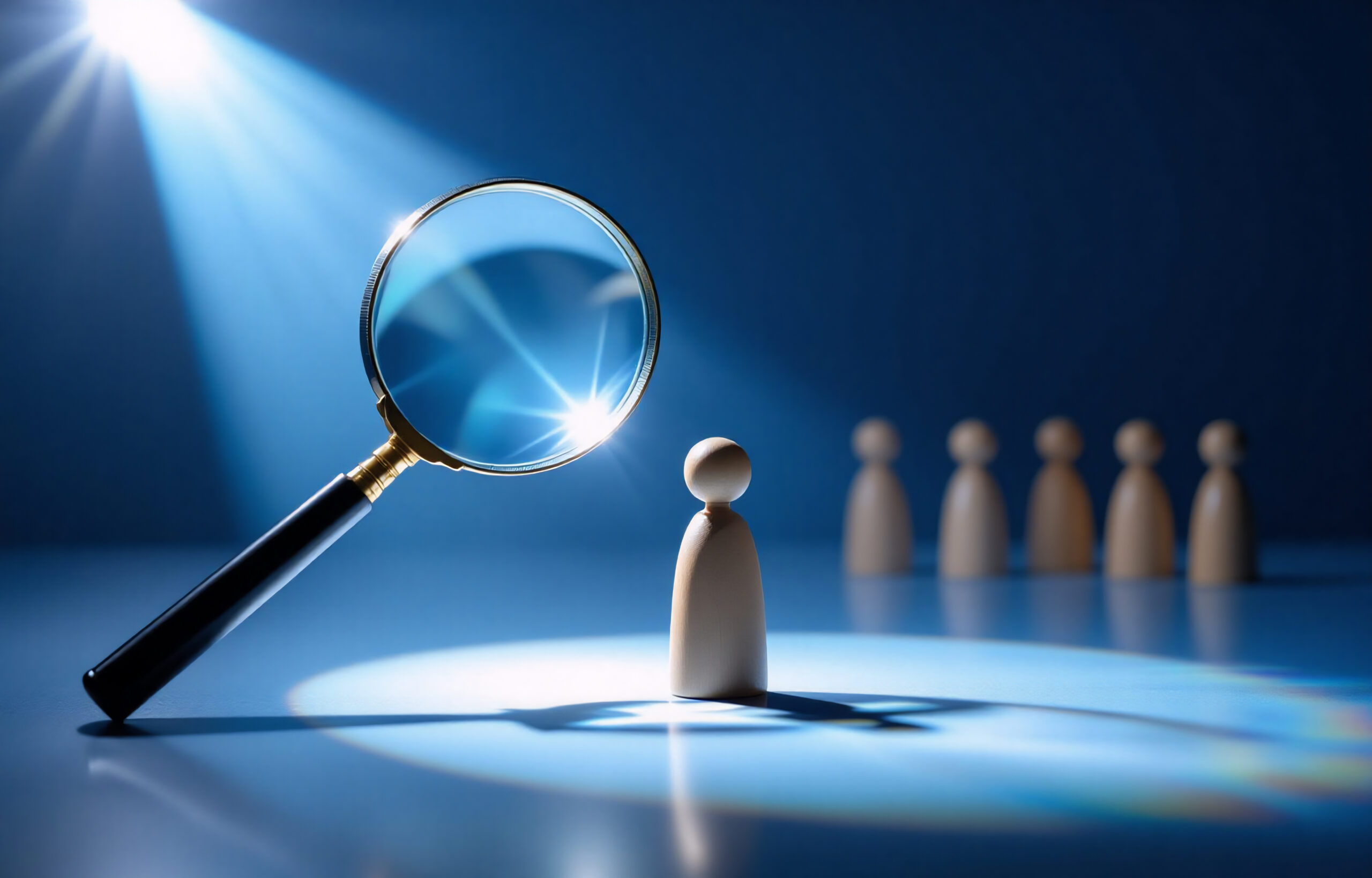 A magnifying glass illuminates a single wooden figure, set apart from a group, suggesting selection or scrutiny. The scene is dramatic, highlighting individual assessment.